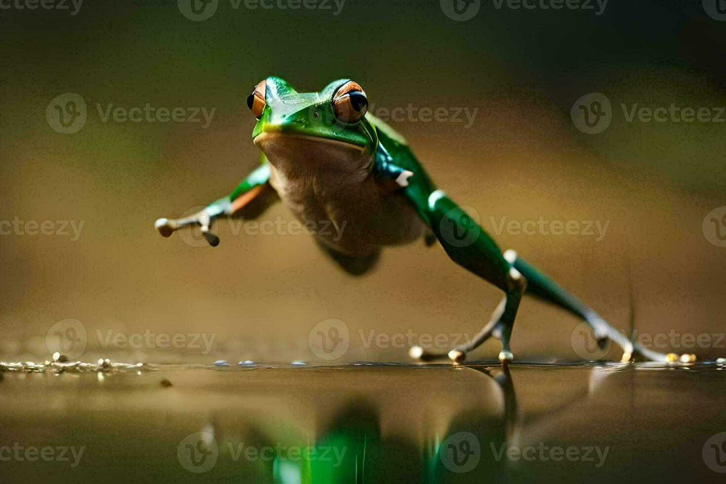 une grenouille sauter en dehors de le l'eau. généré par ai photo