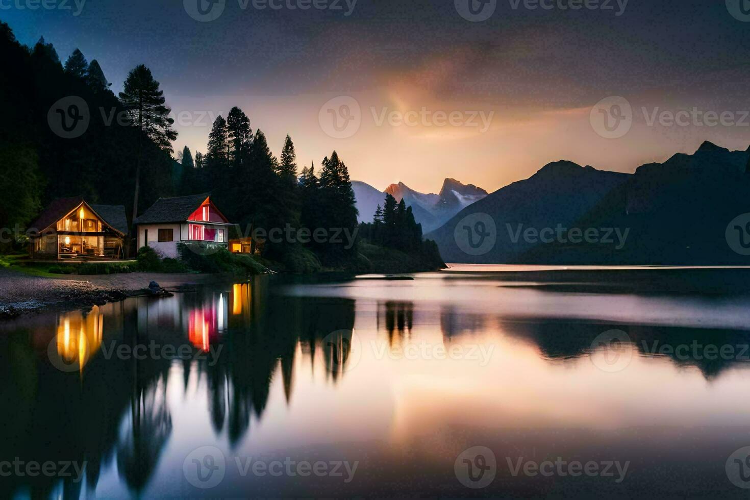 une maison est assis sur le rive de une Lac à le coucher du soleil. généré par ai photo