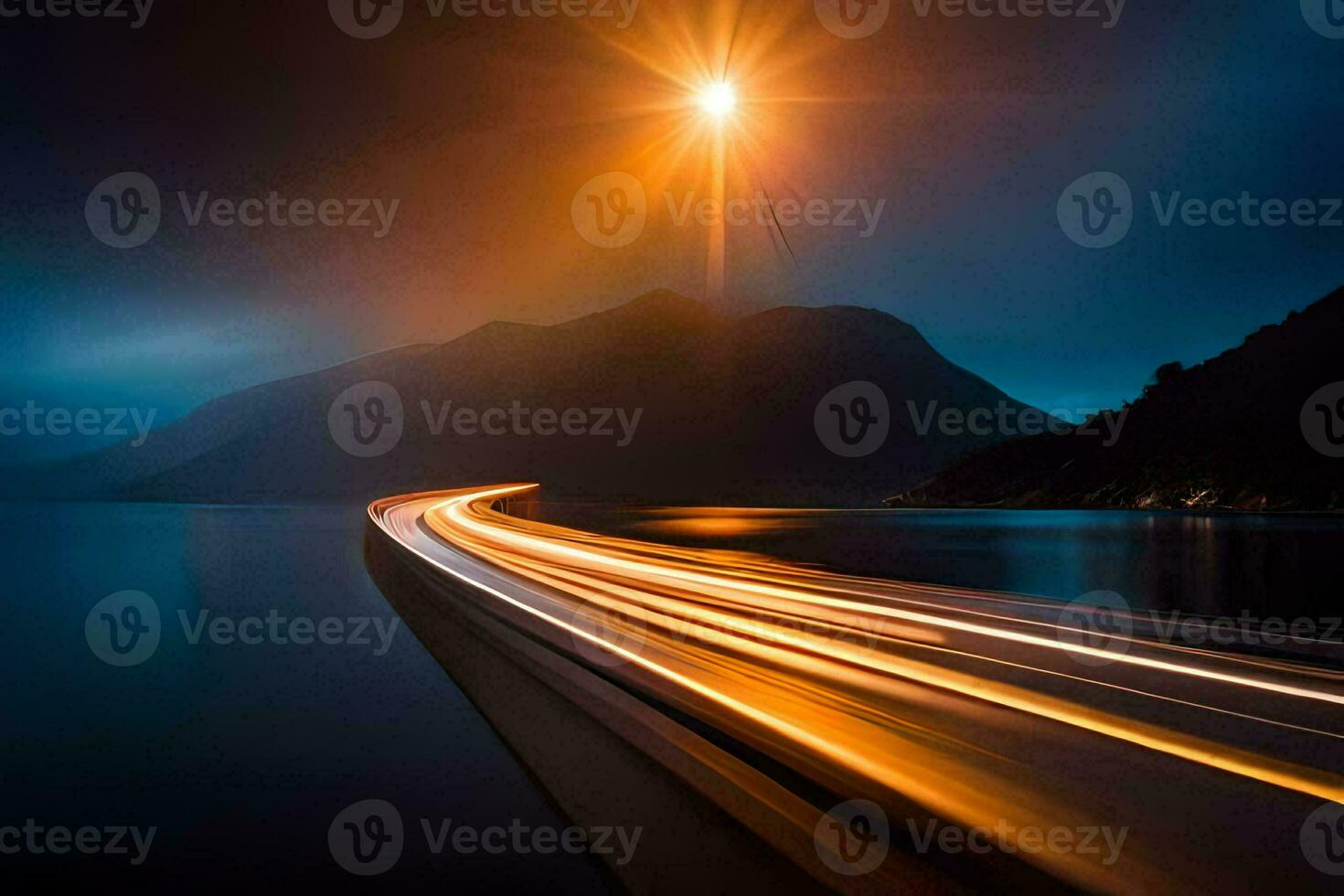 une longue exposition photographier de une voiture conduite sur une route à nuit. généré par ai photo