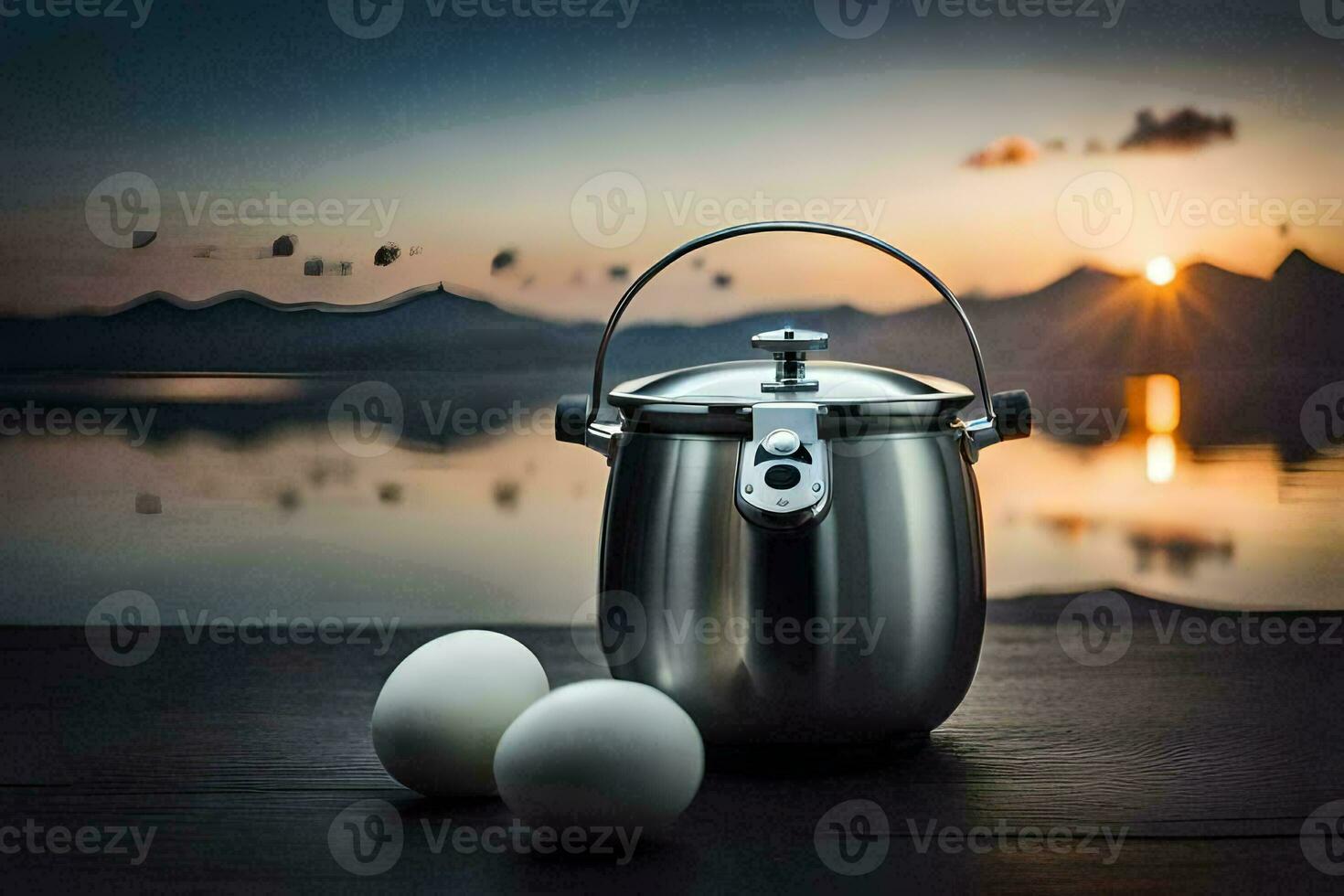 des œufs sur une table avec une bouilloire et une Lac dans le Contexte. généré par ai photo