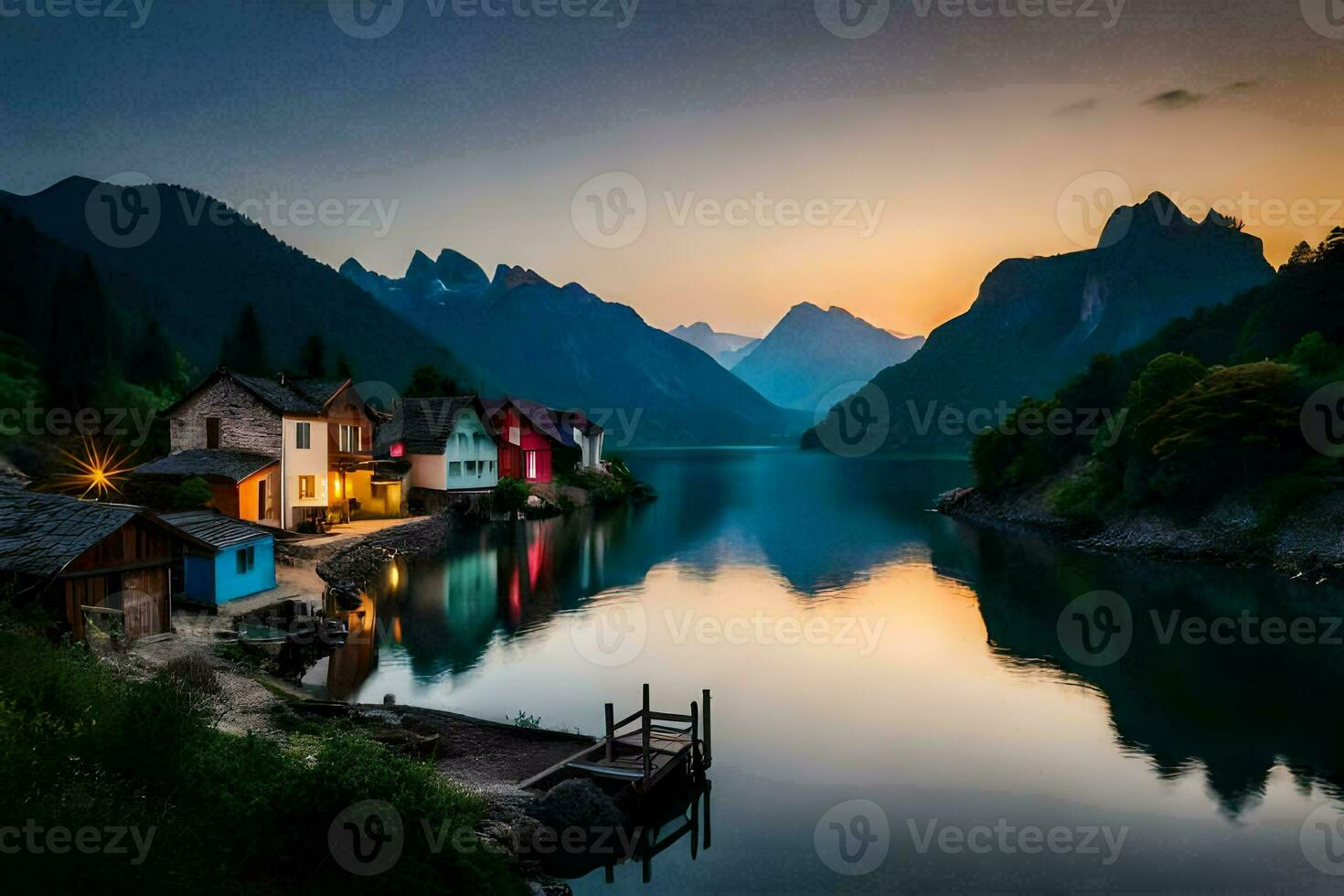 une Lac et Maisons dans le montagnes à le coucher du soleil. généré par ai photo