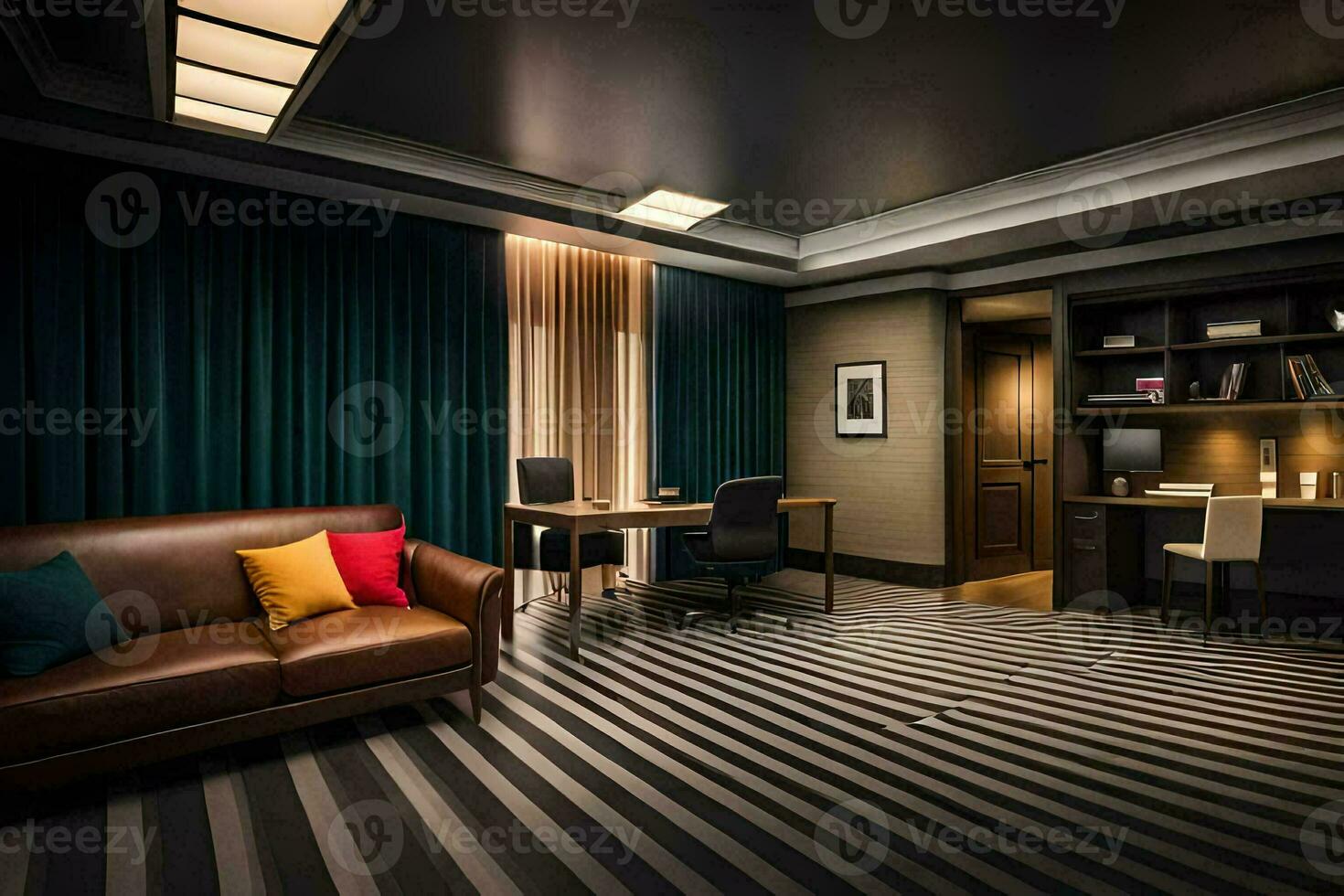 une Hôtel pièce avec une rayé tapis et noir et blanc des murs. généré par ai photo