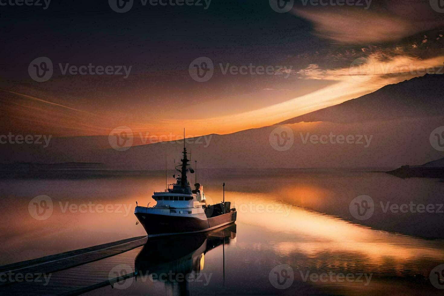 une bateau est amarré à le coucher du soleil dans le l'eau. généré par ai photo