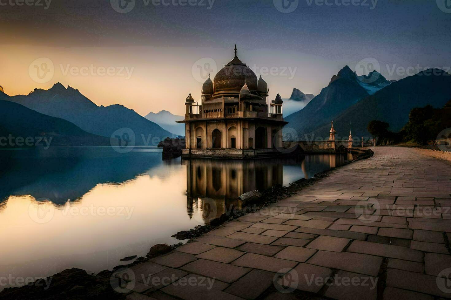 le Lac est entouré par montagnes et une temple. généré par ai photo