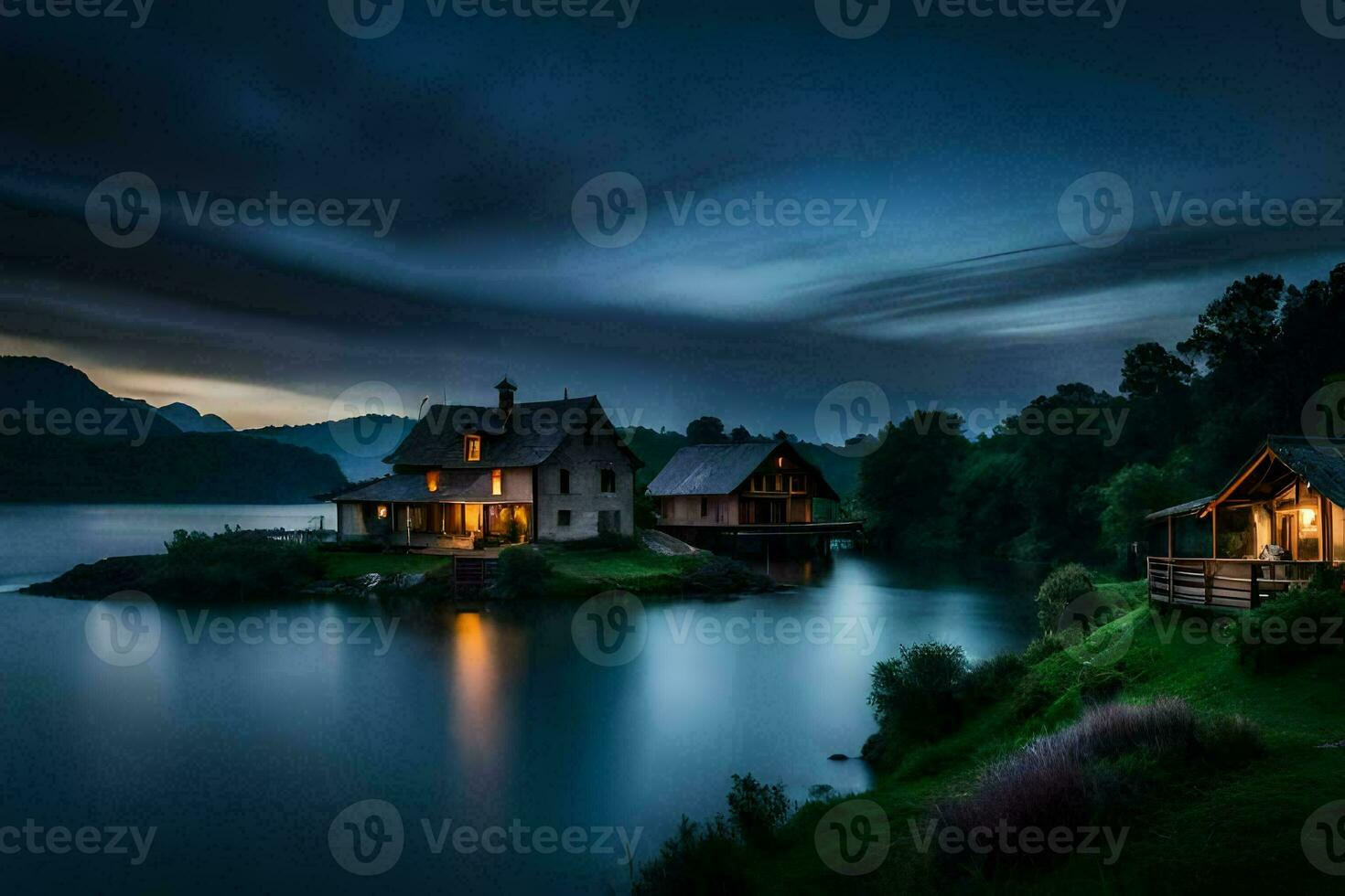 une Lac maison à nuit avec une foncé ciel. généré par ai photo