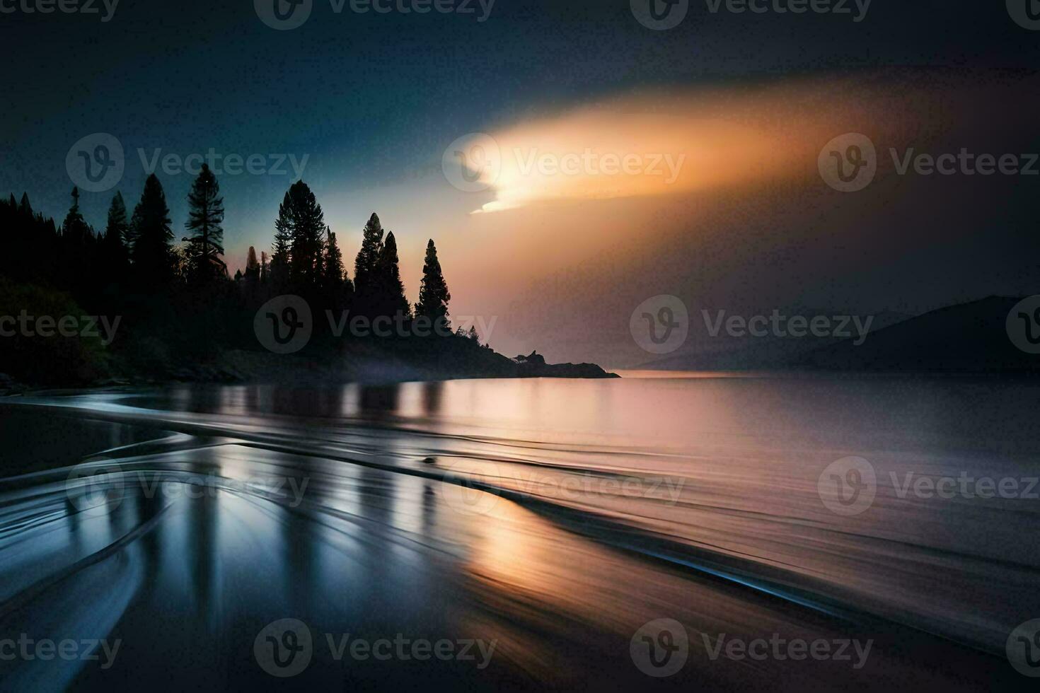 une longue exposition photographier de une Lac et des arbres. généré par ai photo