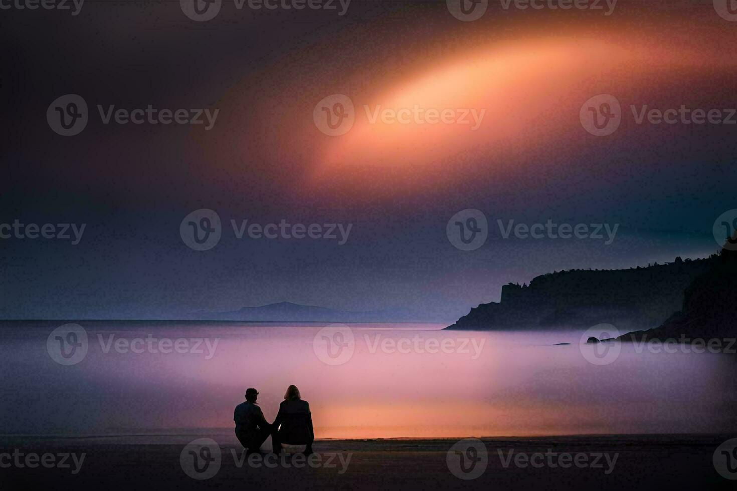 deux gens séance sur le plage en dessous de une arc-en-ciel. généré par ai photo