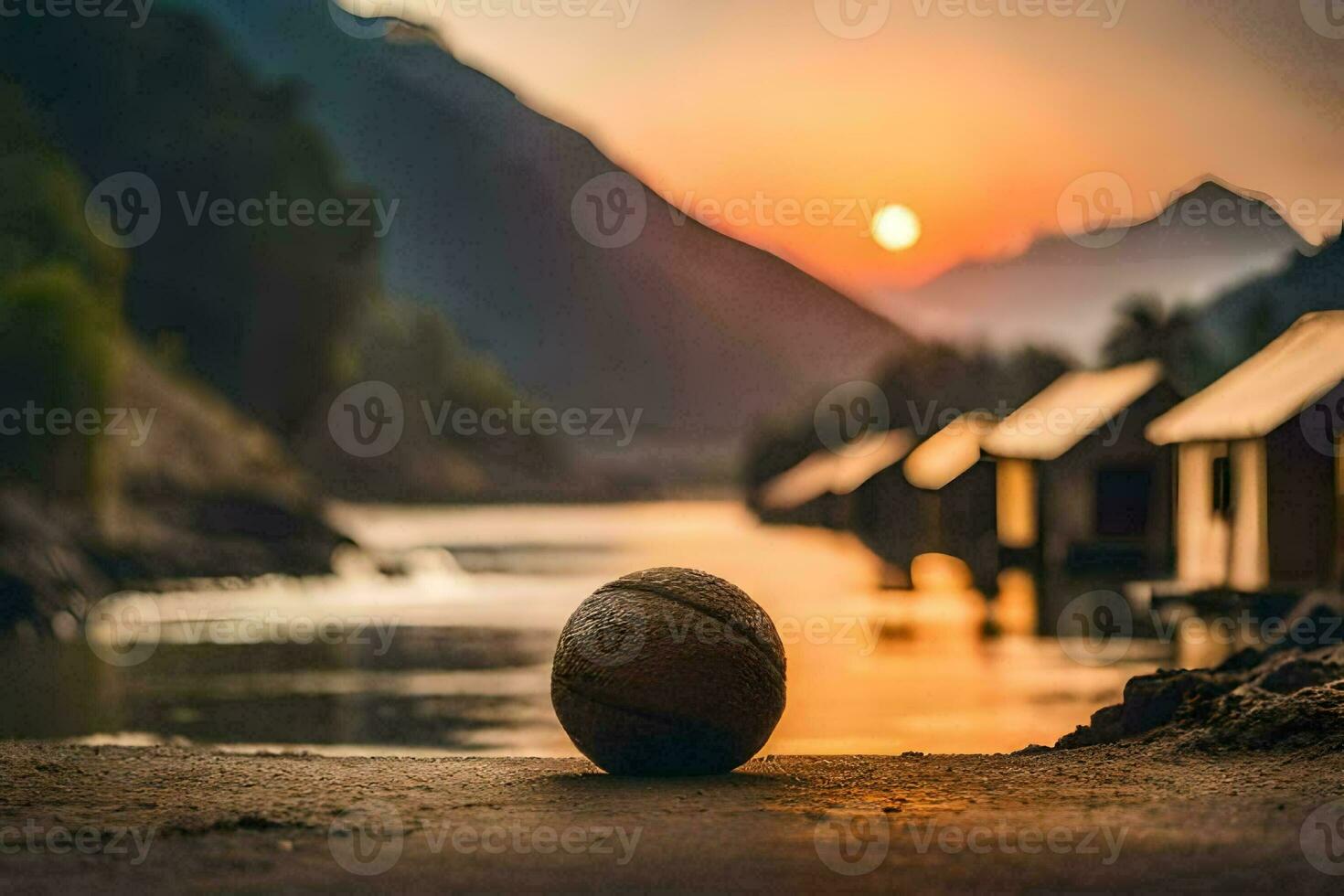 une Balle est assis sur le sol dans de face de une rivière. généré par ai photo