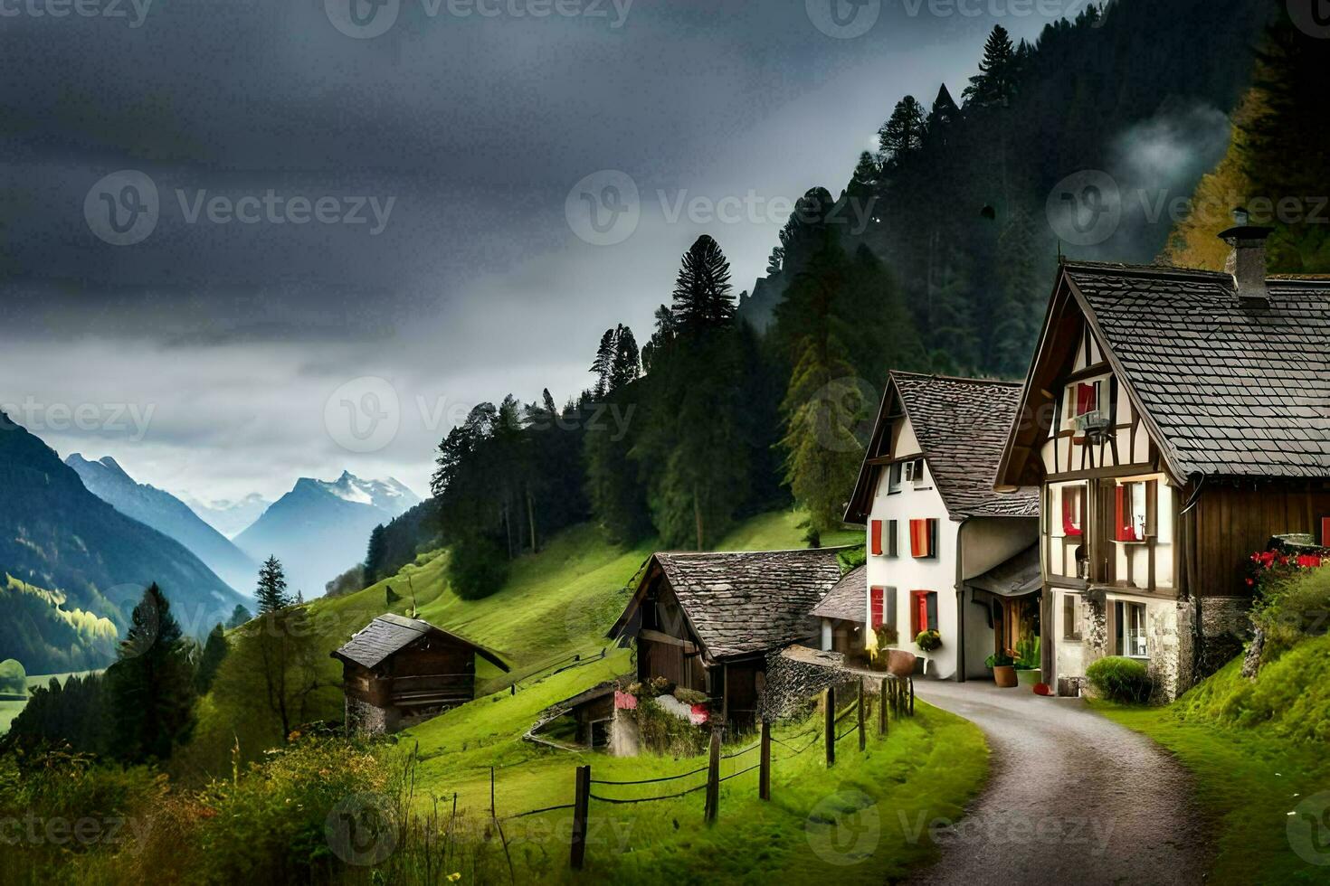 une route de premier plan à une petit village dans le montagnes. généré par ai photo