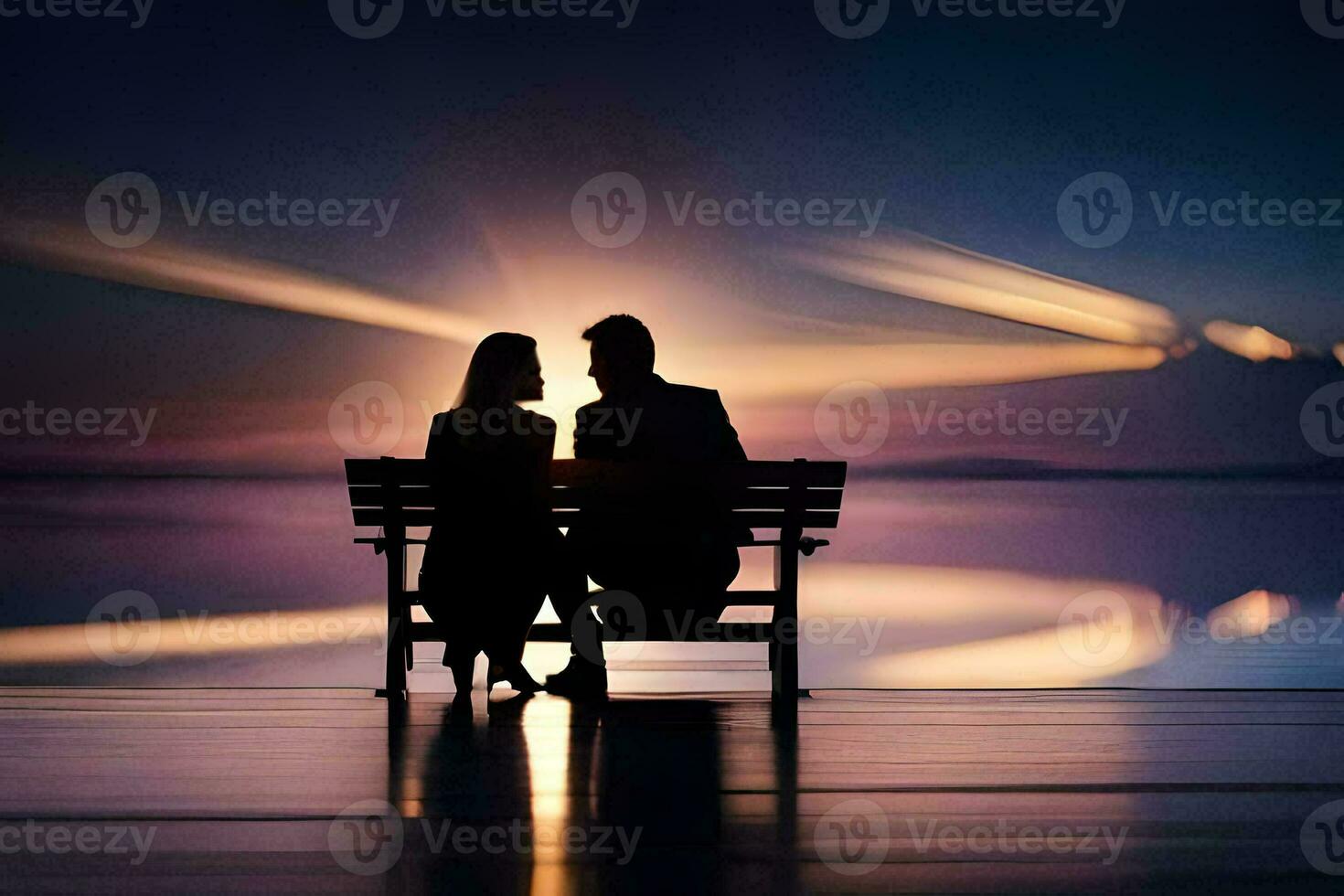 couple séance sur banc à le coucher du soleil avec le Soleil réglage derrière eux. généré par ai photo
