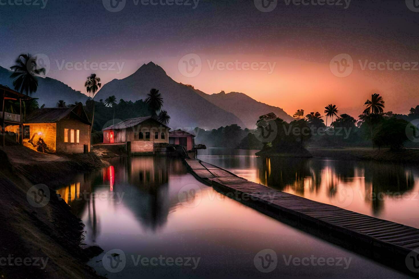 une rivière dans le montagnes à le coucher du soleil. généré par ai photo