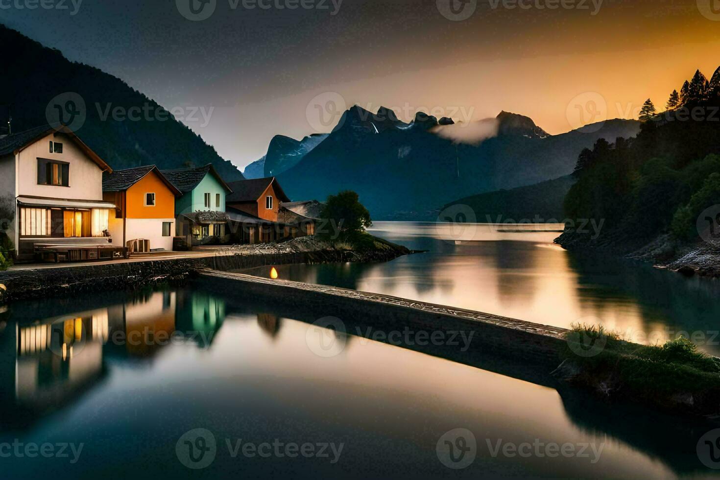 Maisons sur le rive de une Lac à le coucher du soleil. généré par ai photo