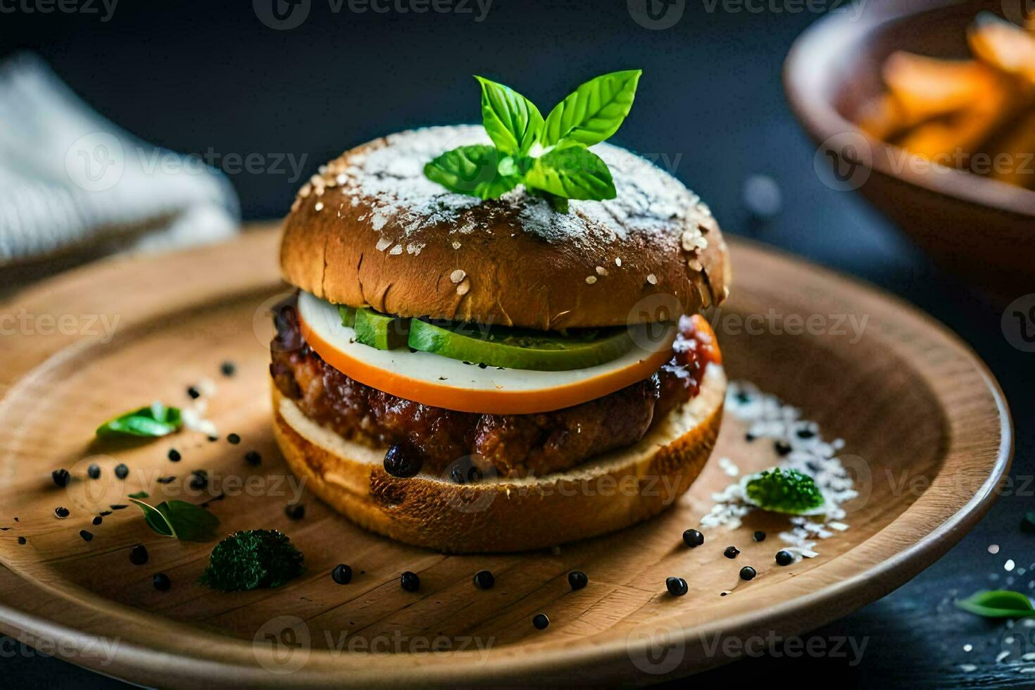 une Hamburger avec fromage, tomate et salade sur une en bois plaque. généré par ai photo