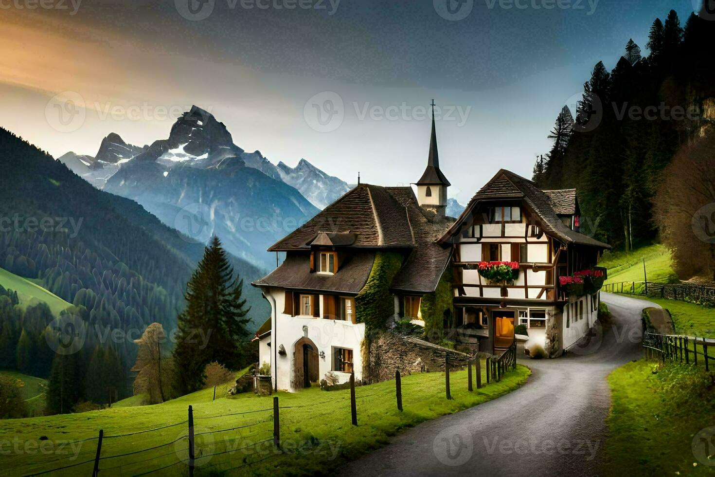 une maison dans le montagnes avec une route de premier plan à il. généré par ai photo
