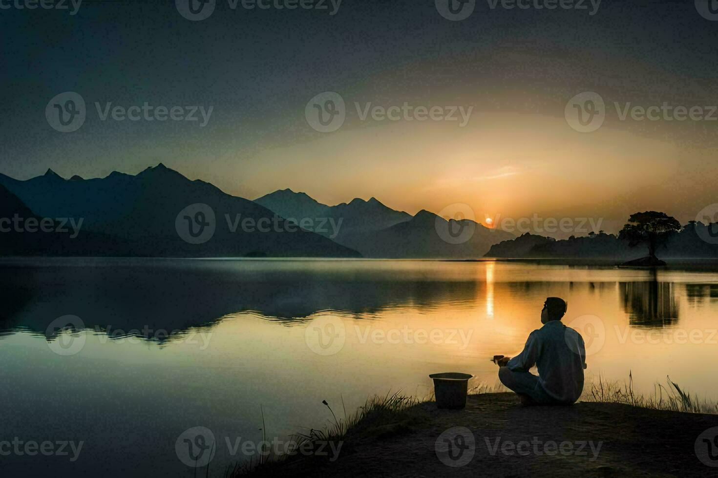 une homme séance sur le rive de une Lac à le coucher du soleil. généré par ai photo