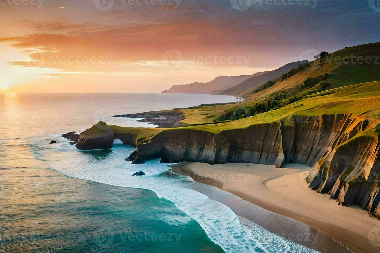 le Soleil ensembles plus de une plage et falaises. généré par ai photo