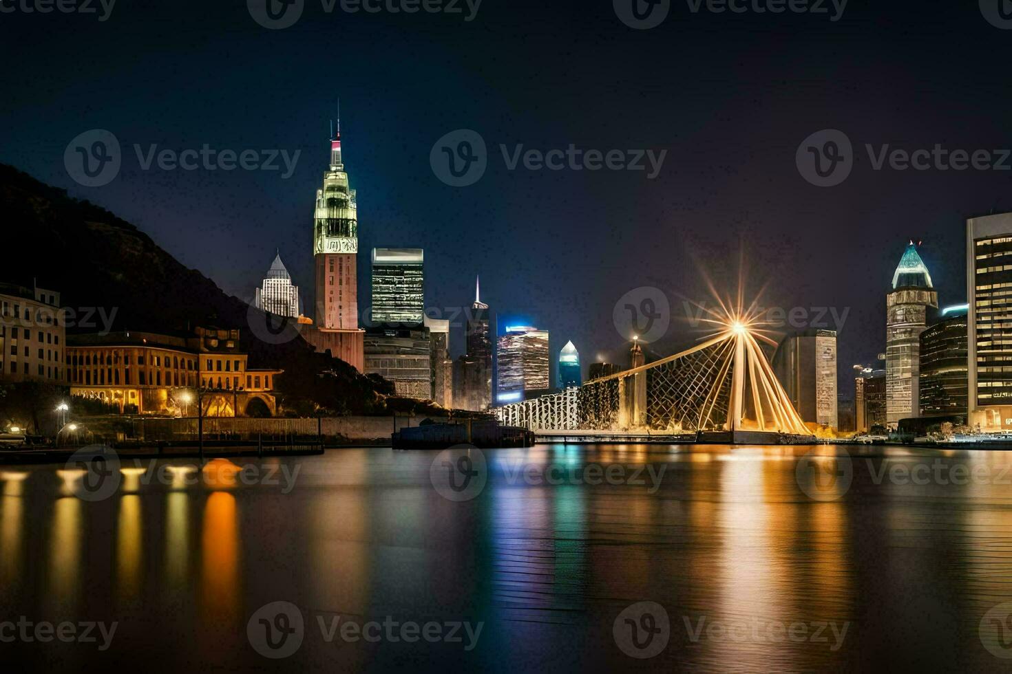 le ville horizon à nuit avec le pont dans le premier plan. généré par ai photo