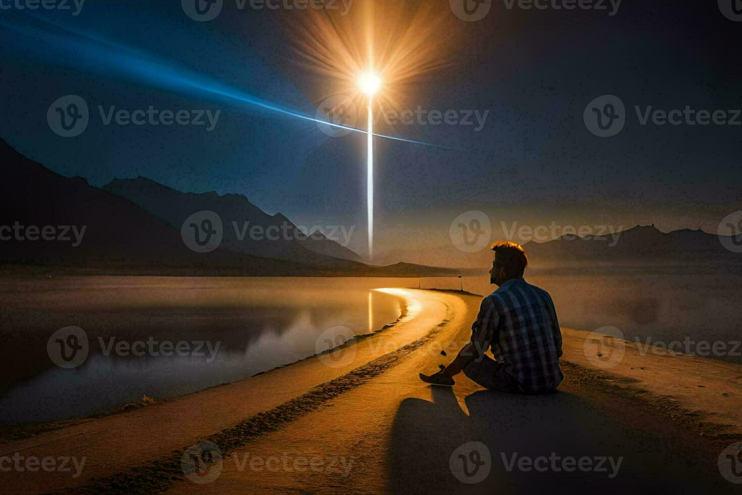 une homme séance sur le plage à la recherche à le ciel. généré par ai photo