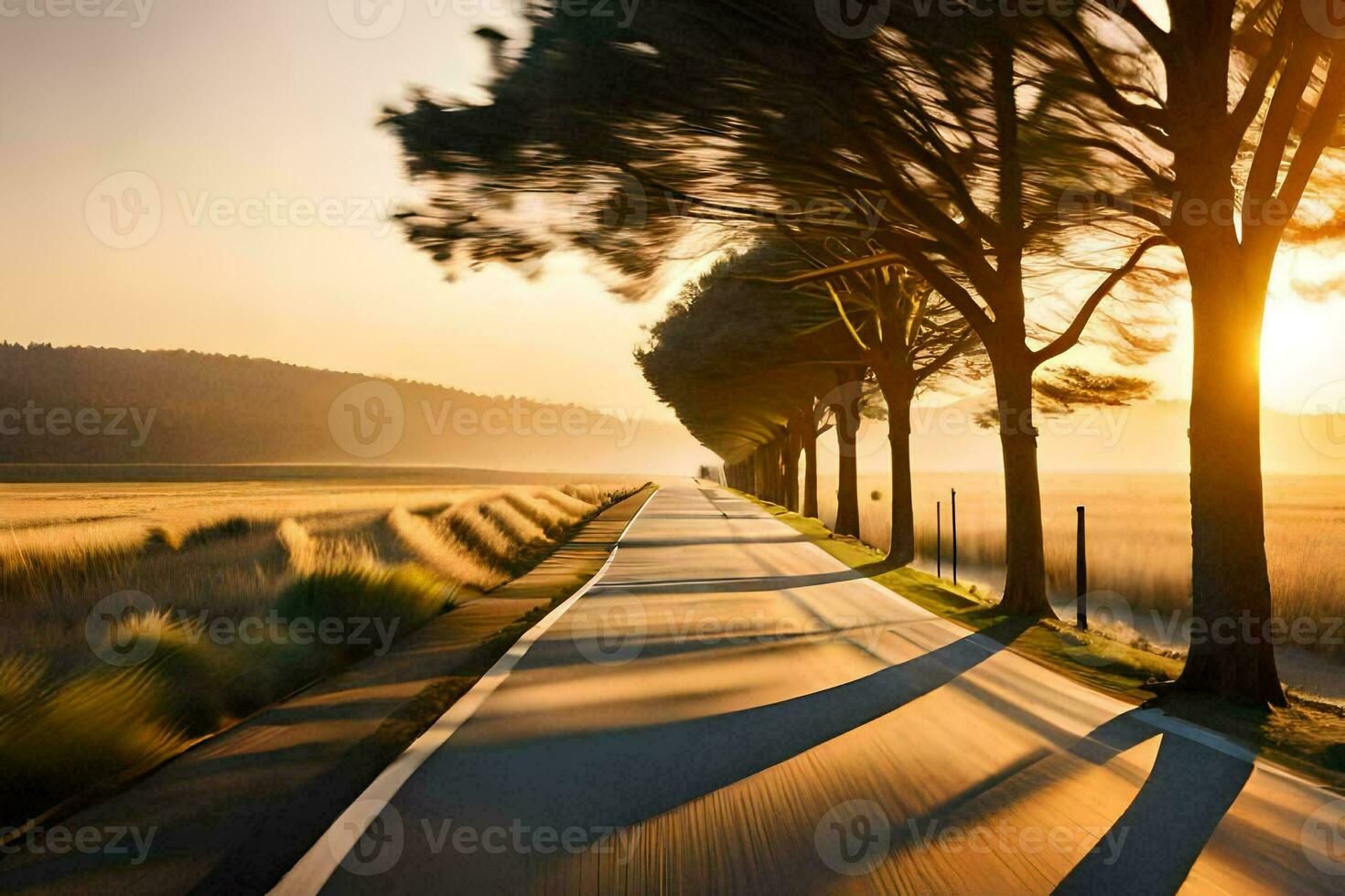 une longue route avec des arbres dans le distance. généré par ai photo