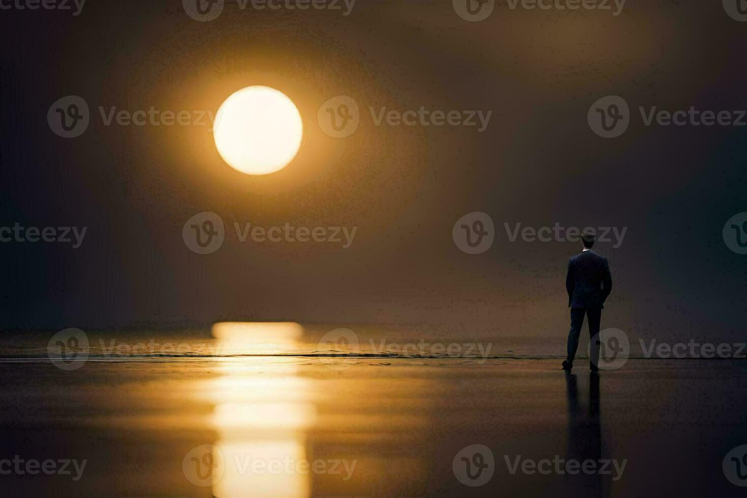 une homme des stands sur le plage à la recherche à le Soleil. généré par ai photo