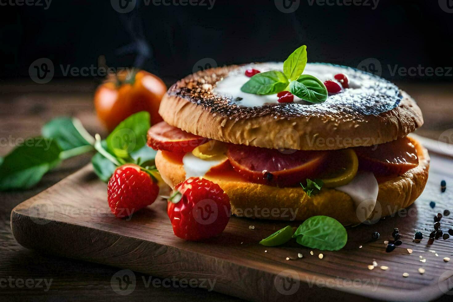 une beignet avec fromage, tomates et herbes. généré par ai photo