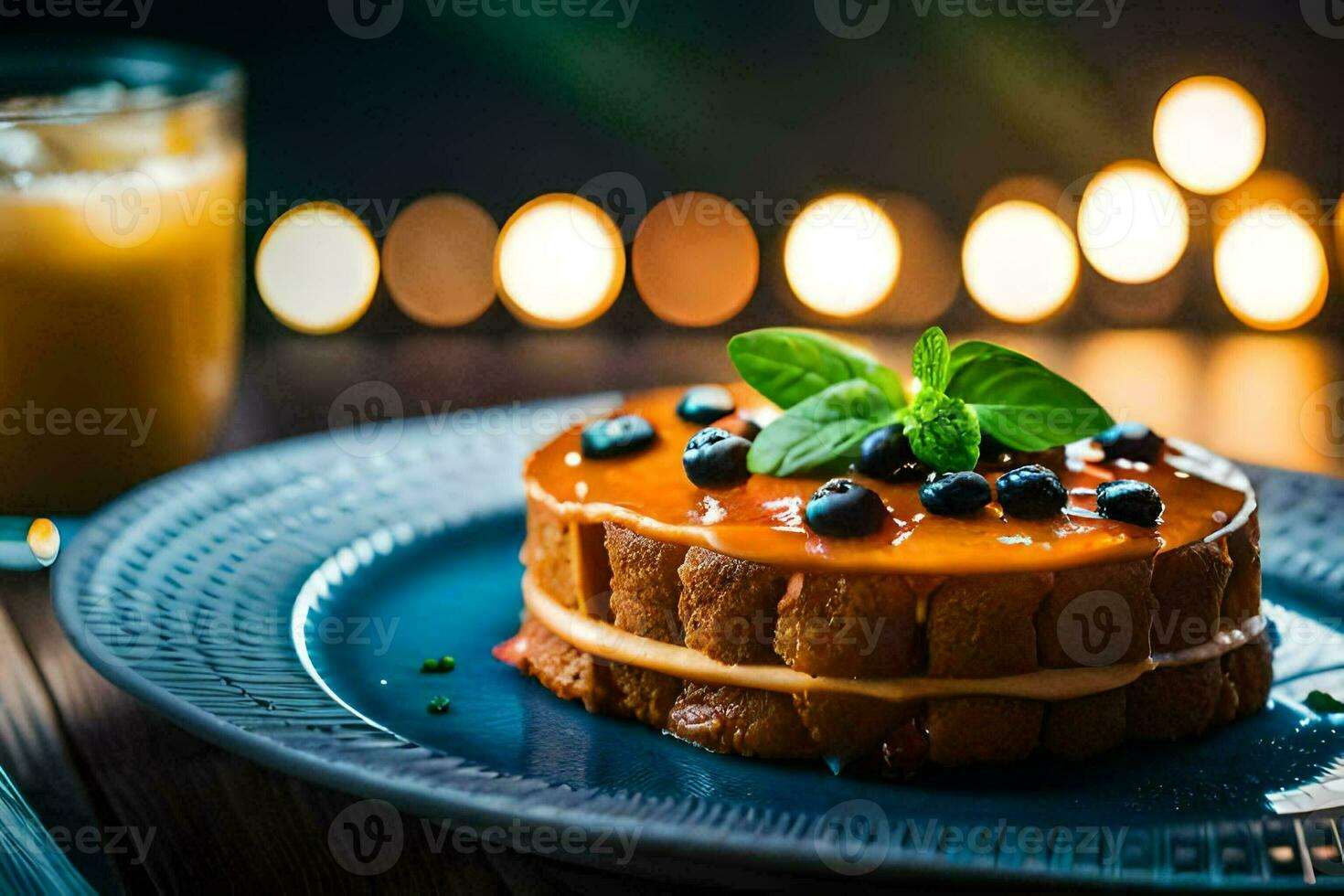 une dessert sur une assiette avec myrtilles et menthe. généré par ai photo