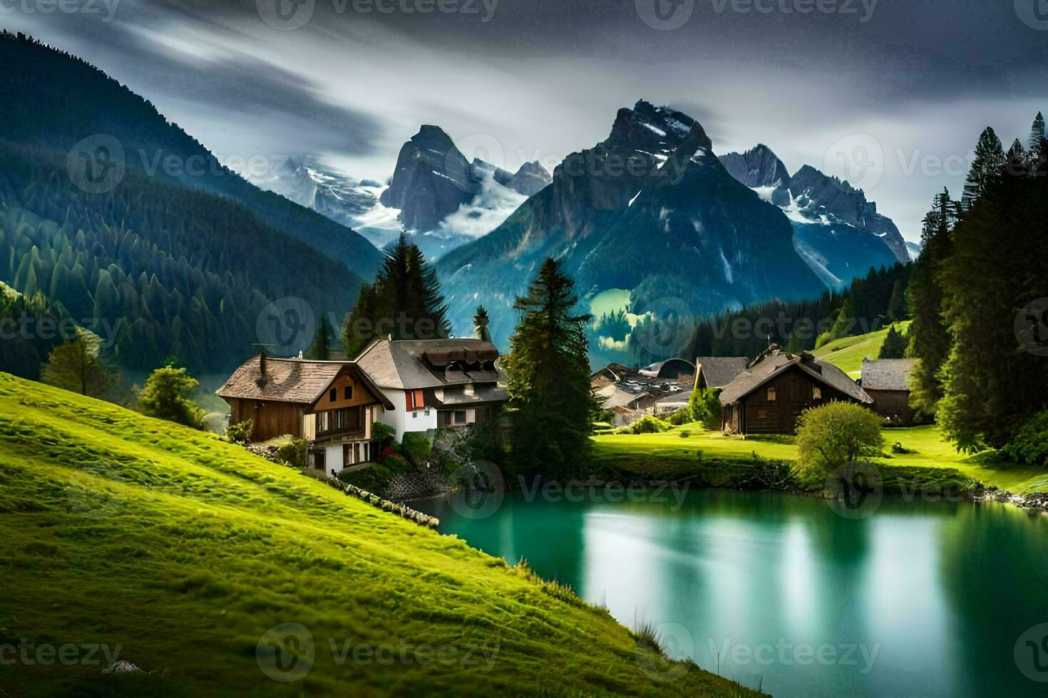 le maison dans le montagnes. généré par ai photo