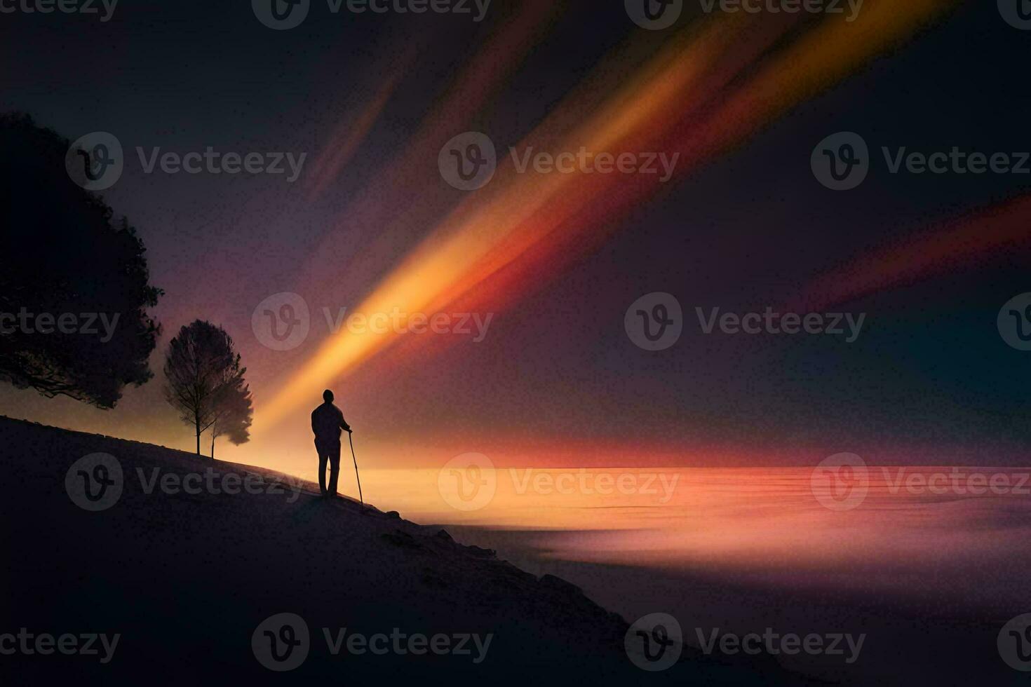 une homme des stands sur une colline surplombant le océan à le coucher du soleil. généré par ai photo