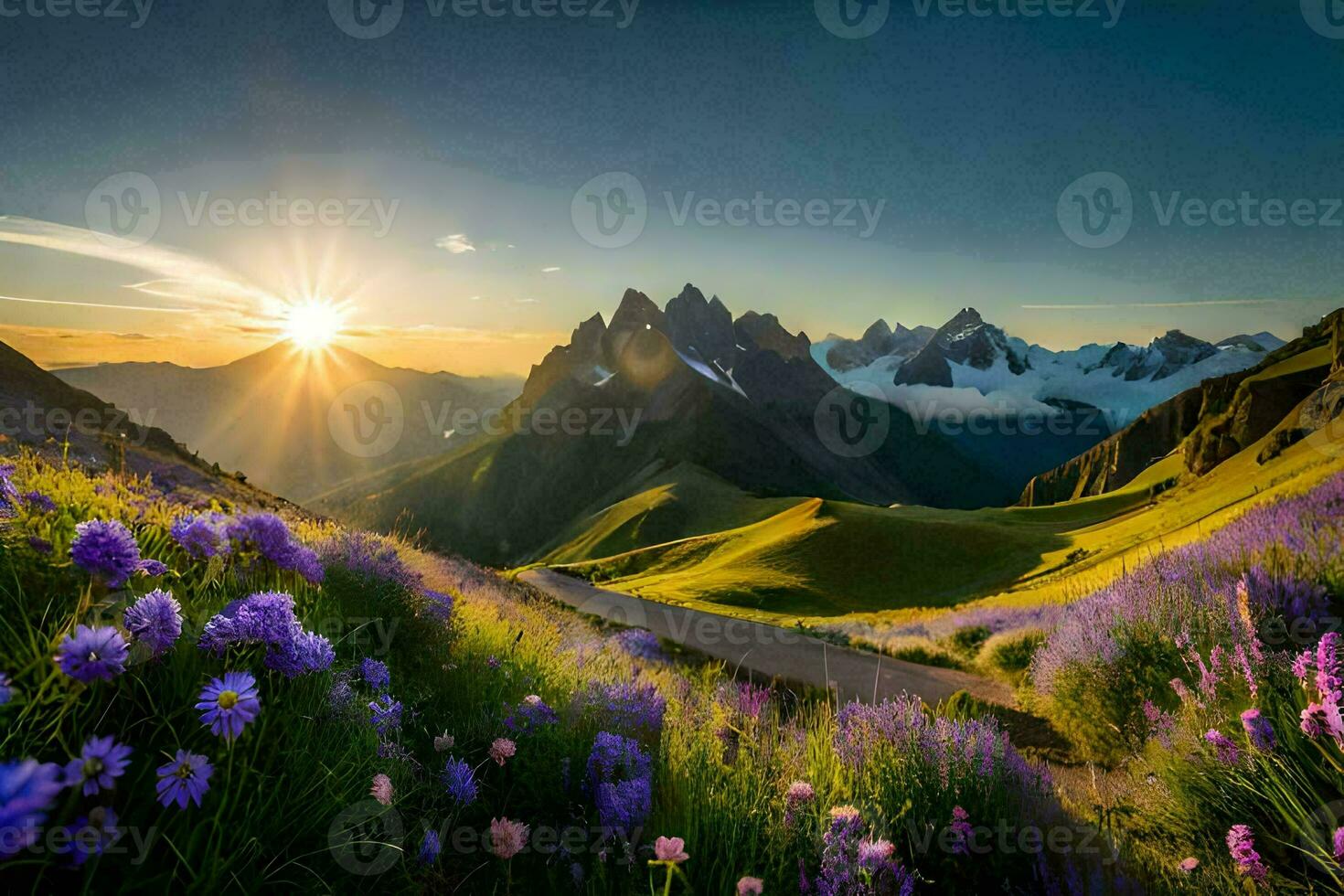 le Soleil monte plus de le montagnes et fleurs dans le premier plan. généré par ai photo