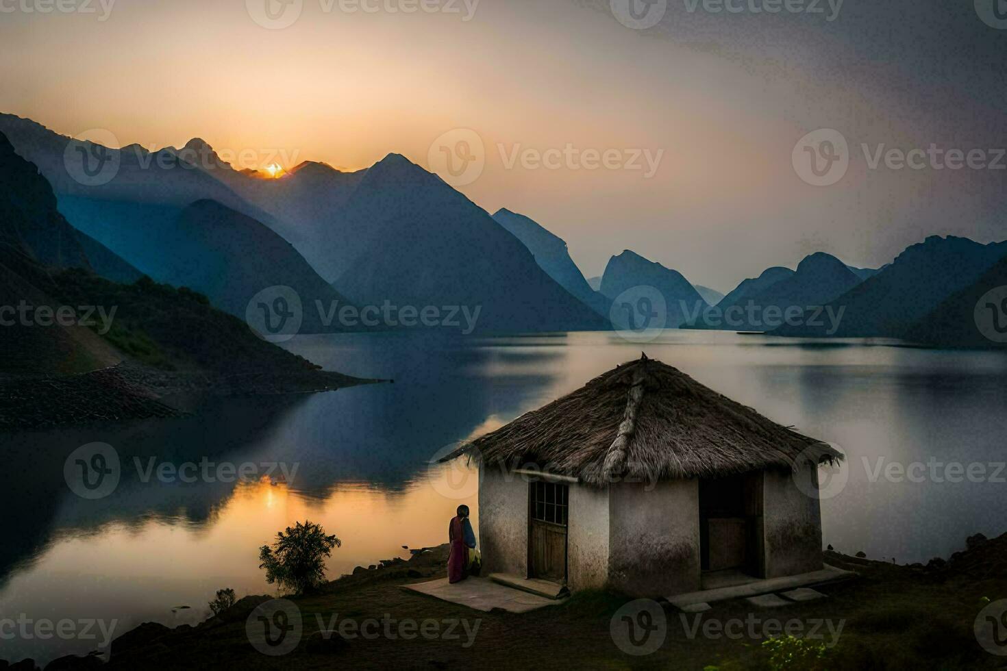 une cabane est assis sur le bord de une Lac à le coucher du soleil. généré par ai photo