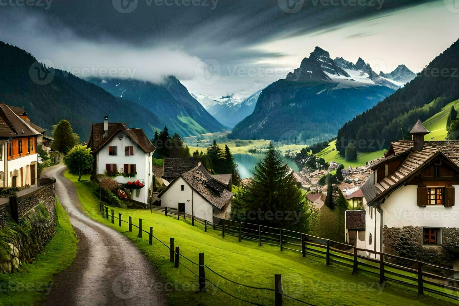 une route pistes à une village dans le montagnes. généré par ai photo