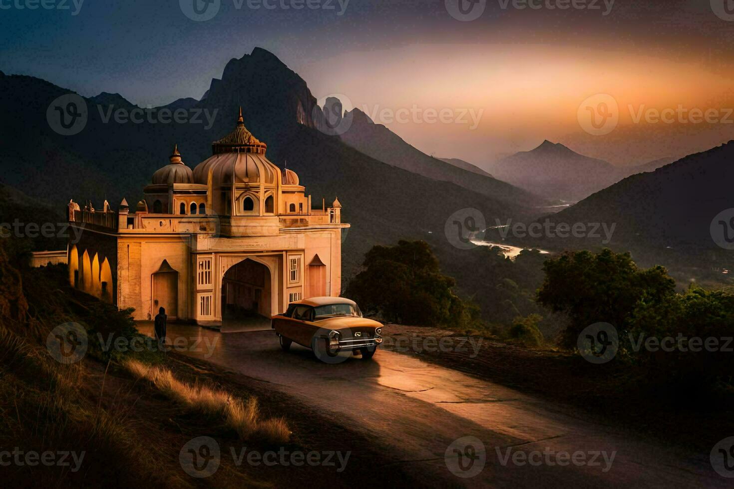 une voiture disques passé une temple à le coucher du soleil dans Inde. généré par ai photo