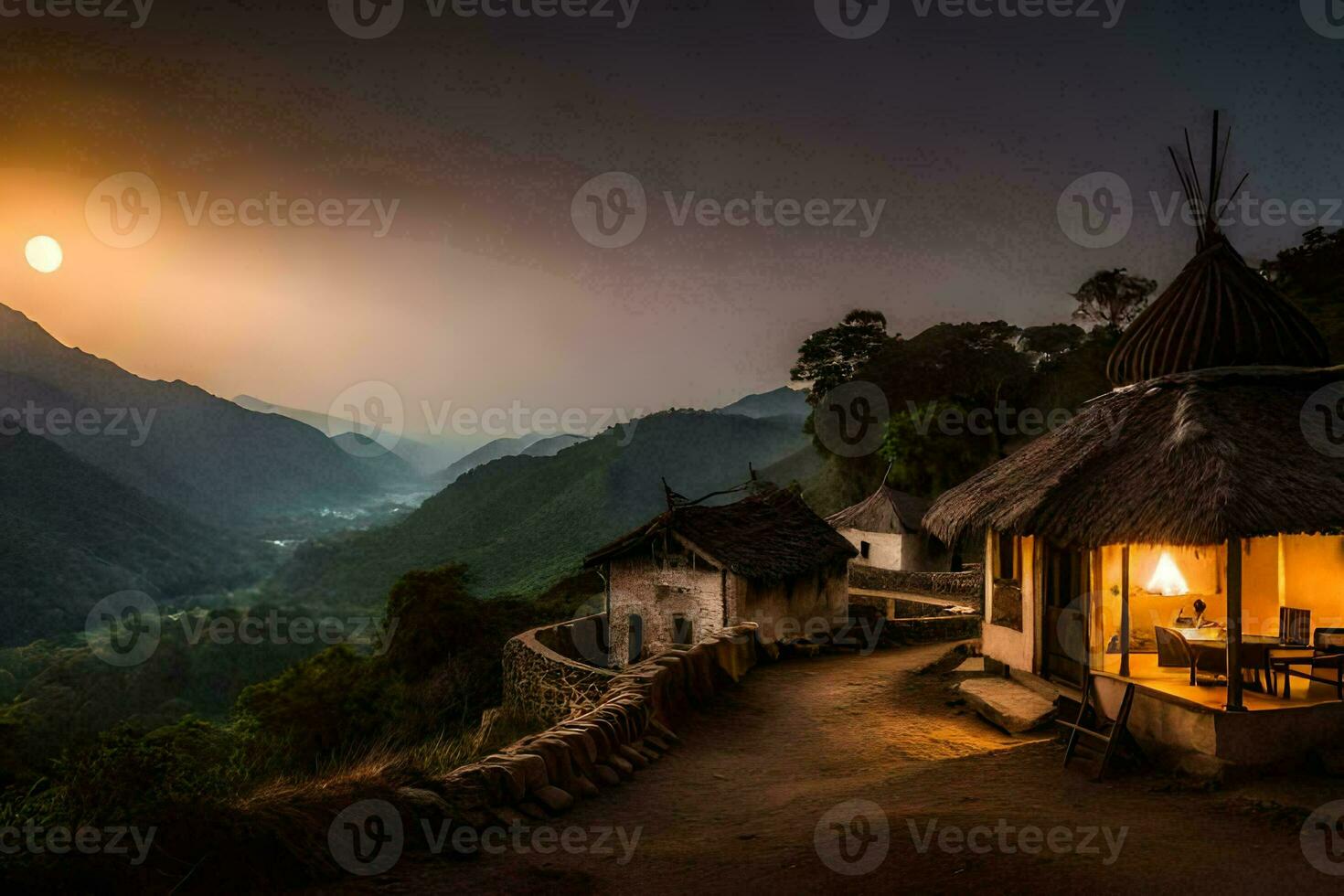 une cabane est assis sur le côté de une Montagne à le coucher du soleil. généré par ai photo