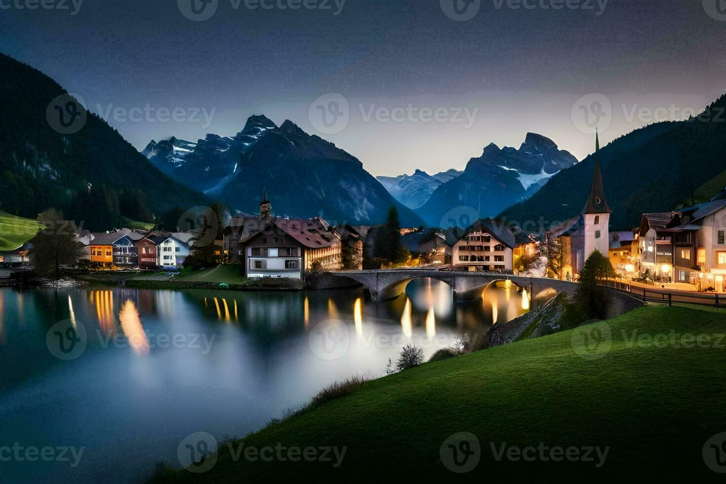 photo fond d'écran le ciel, montagnes, eau, montagnes, lac, ville, rivière, maison,. généré par ai