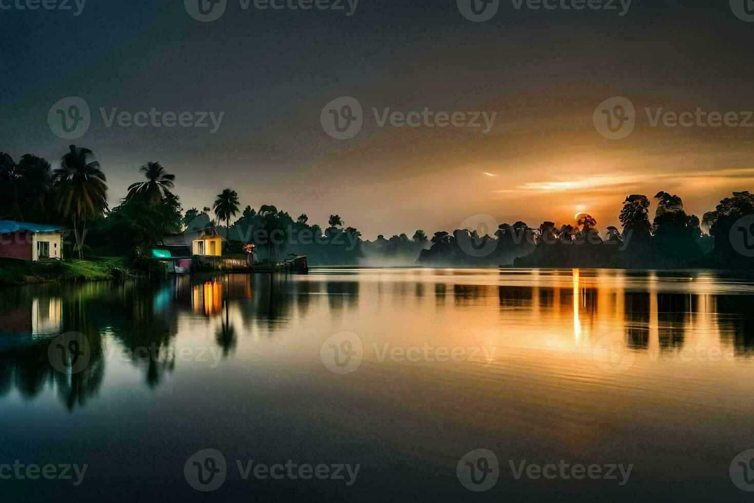 une magnifique le coucher du soleil plus de le l'eau. généré par ai photo