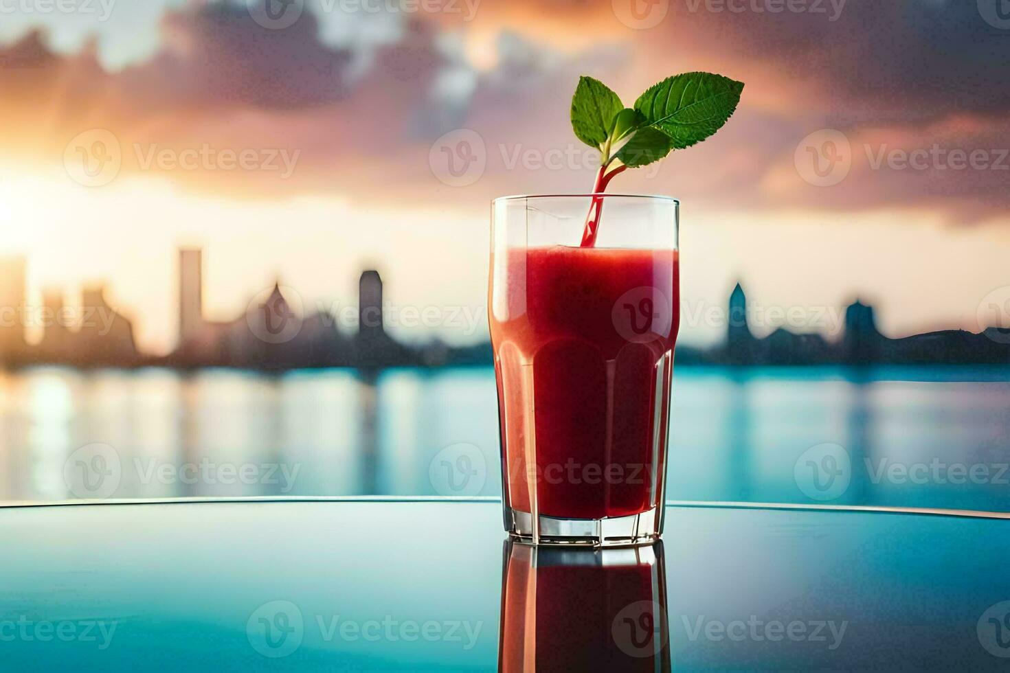 une verre de rouge jus avec une ville horizon dans le Contexte. généré par ai photo