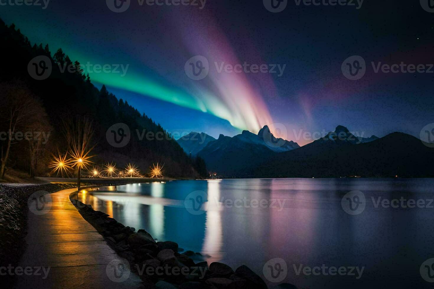 le aurore ennuyer lumières en haut le ciel plus de une lac. généré par ai photo