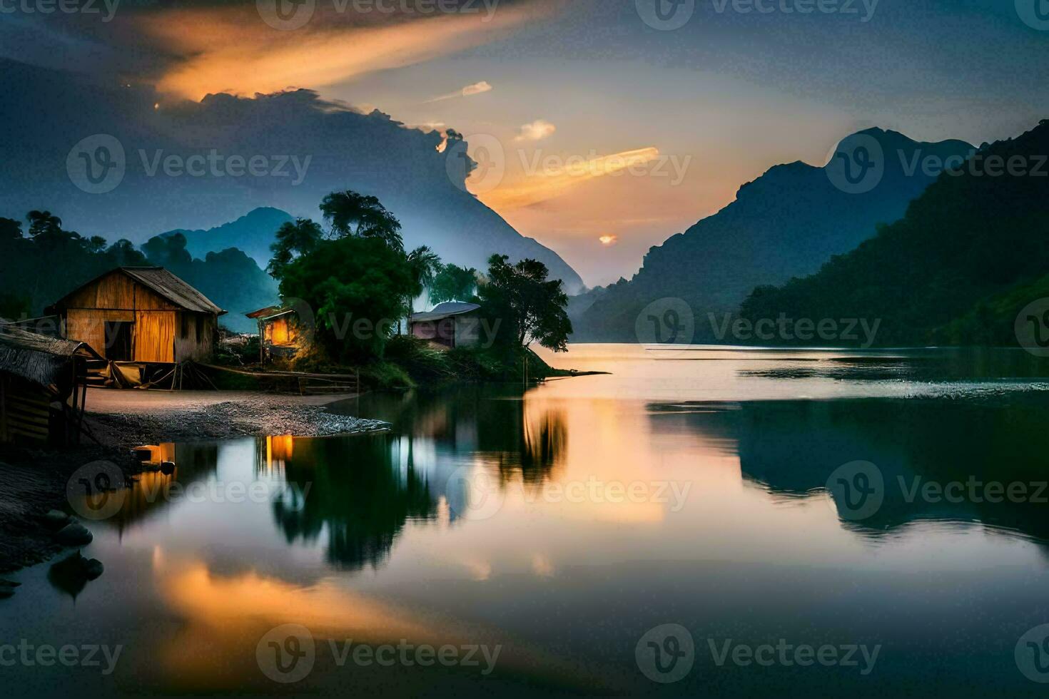 une petit village est assis sur le rive de une rivière. généré par ai photo