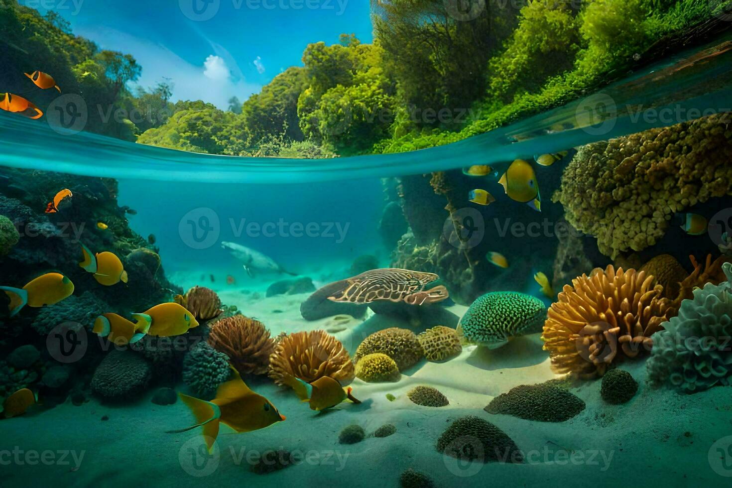 une tropical sous-marin scène avec corail récifs et poisson. généré par ai photo