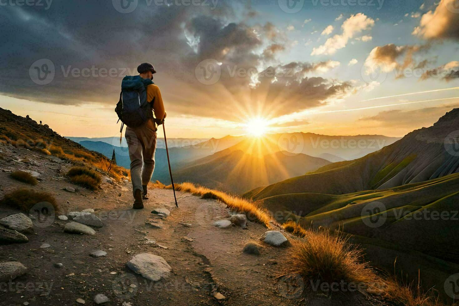 une homme avec sac à dos et randonnée poteaux est en marchant sur le Montagne à le coucher du soleil. généré par ai photo