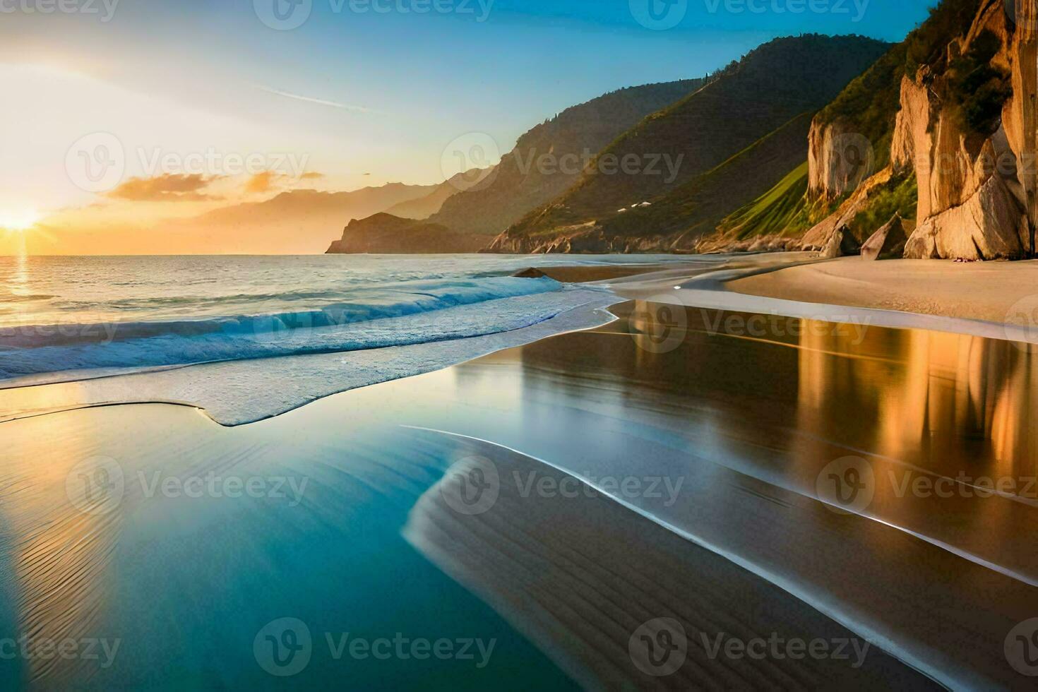 le Soleil ensembles plus de une plage et montagnes. généré par ai photo