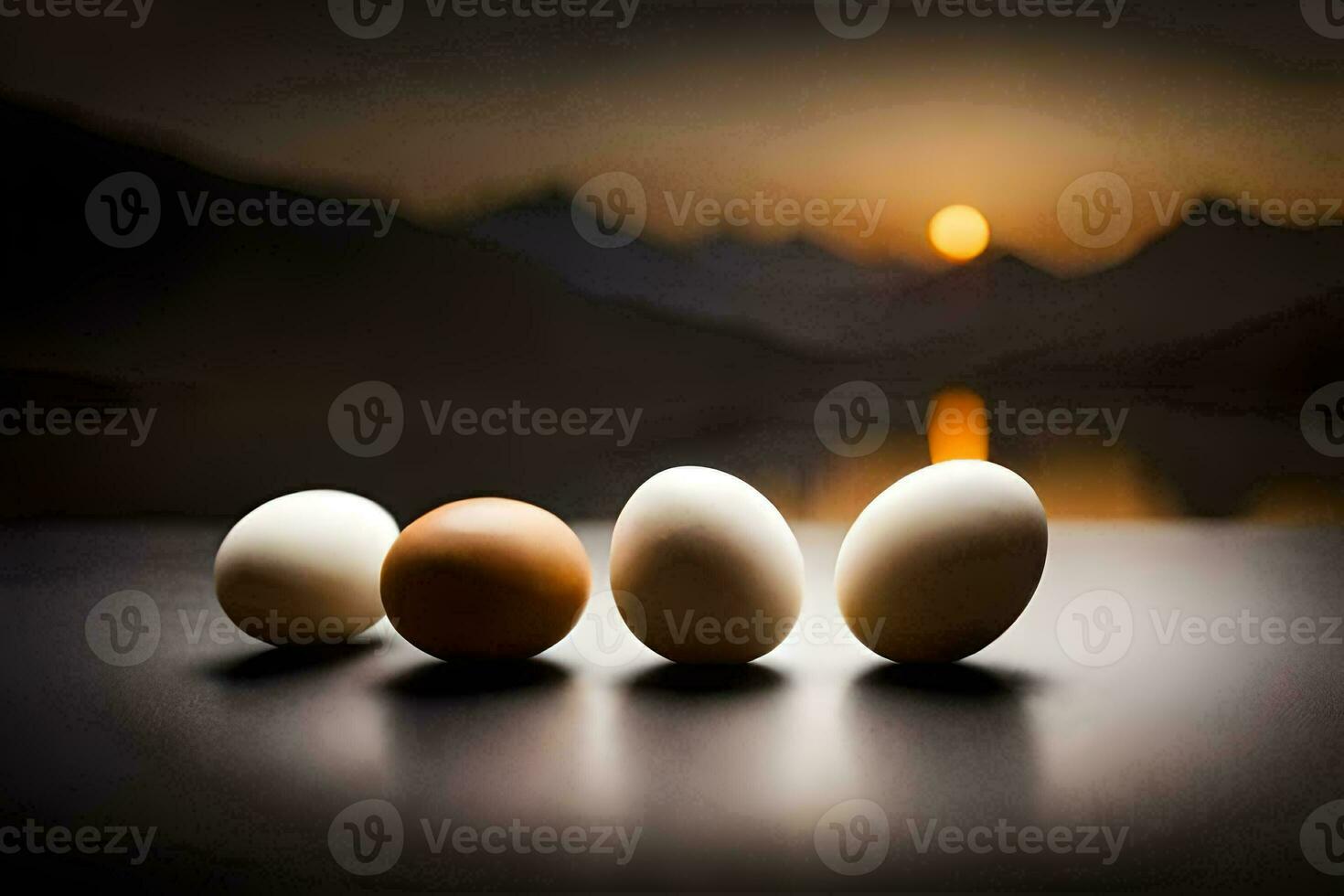 quatre des œufs sont séance sur une table avec une Lac dans le Contexte. généré par ai photo