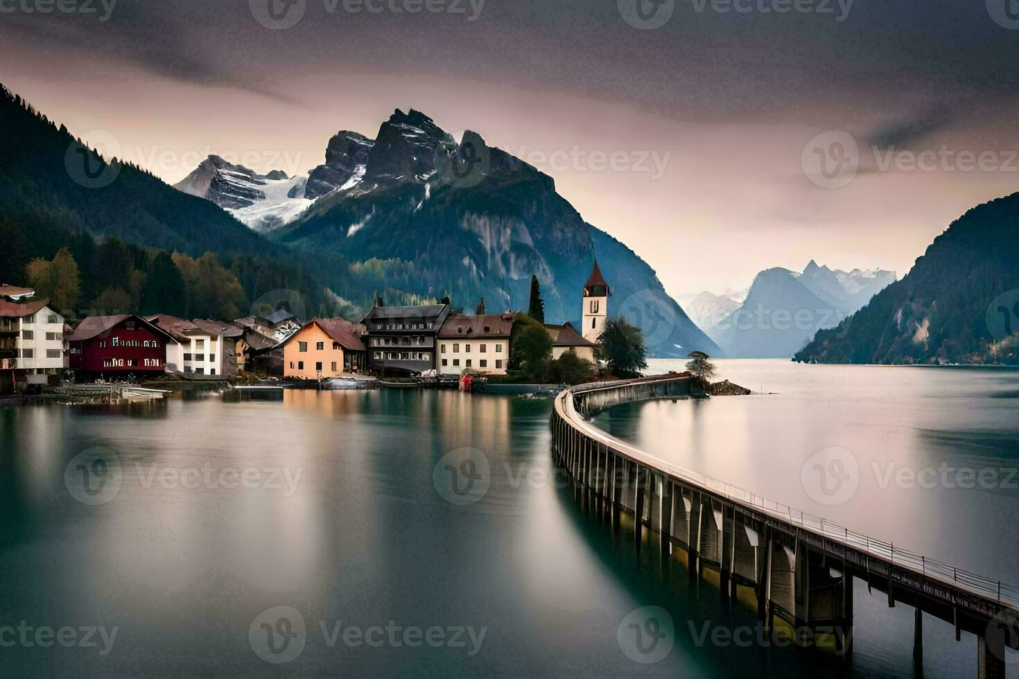 une ville est assis sur le l'eau suivant à montagnes. généré par ai photo