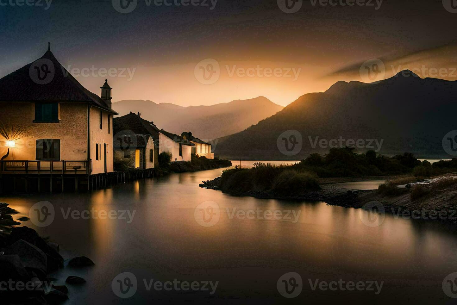 une maison est assis sur le rive de une Lac à le coucher du soleil. généré par ai photo