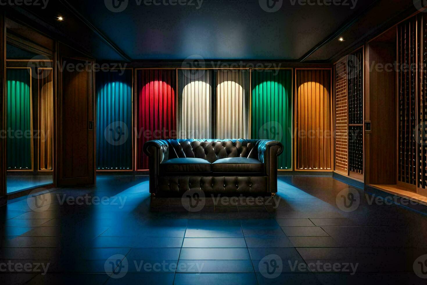 une pièce avec une cuir canapé et coloré lumières. généré par ai photo