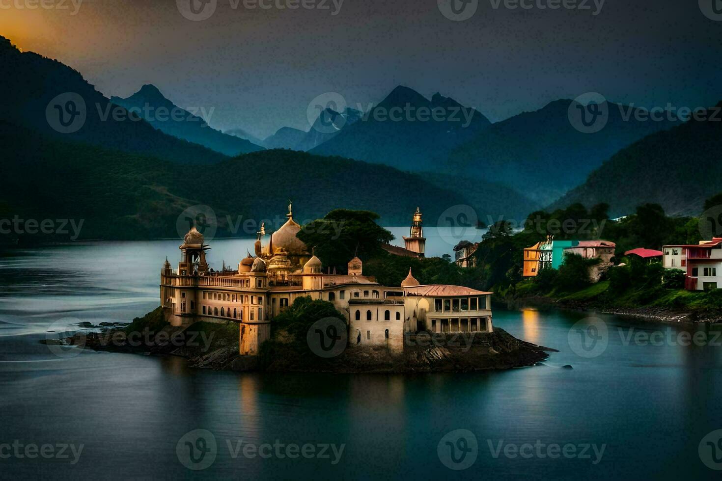 une magnifique église sur un île dans le milieu de une lac. généré par ai photo