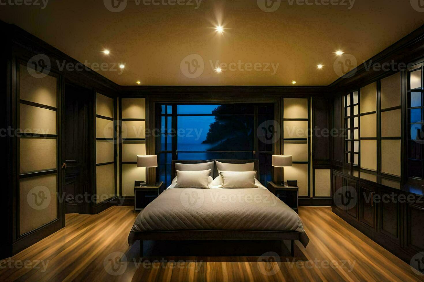 une chambre avec en bois planchers et noir des murs. généré par ai photo