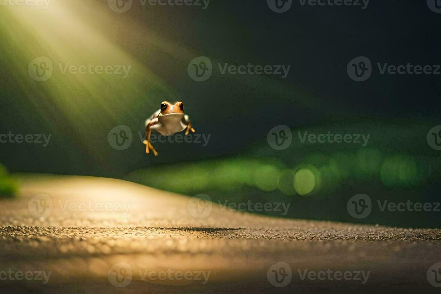 une grenouille sauter dans le air sur une route. généré par ai photo