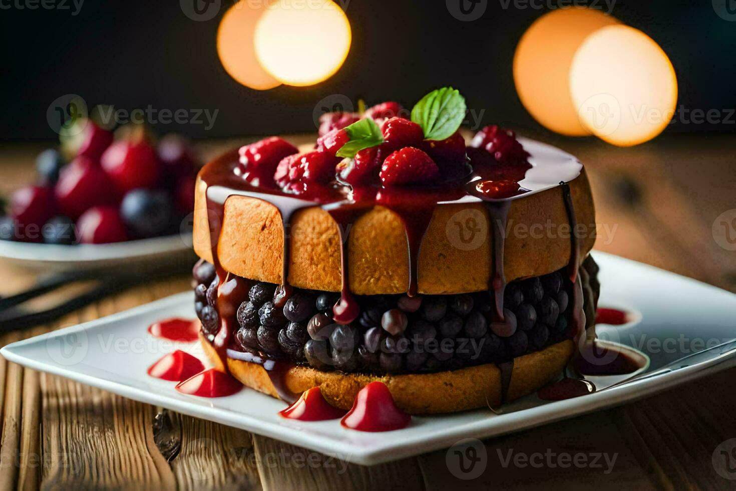 une gâteau avec baies et Chocolat sur une plaque. généré par ai photo