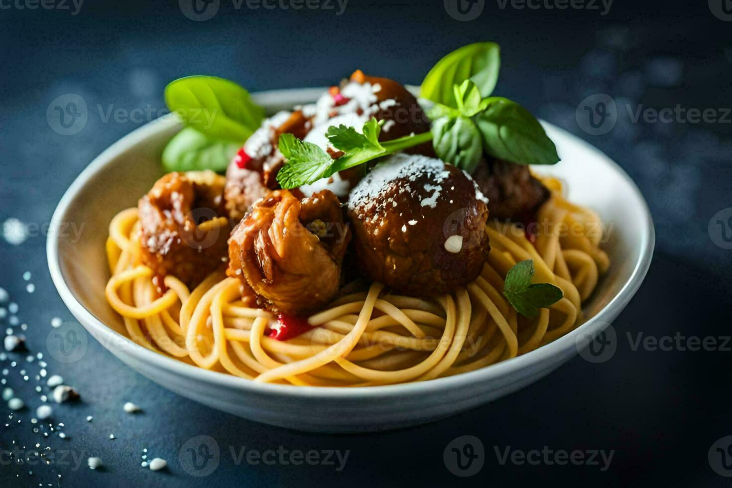 spaghetti avec Boulettes de viande dans une bol. généré par ai photo